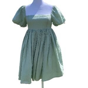 MABLE Green Square Neck Puff Sleeve Mini Sundress Natural Fiber Small